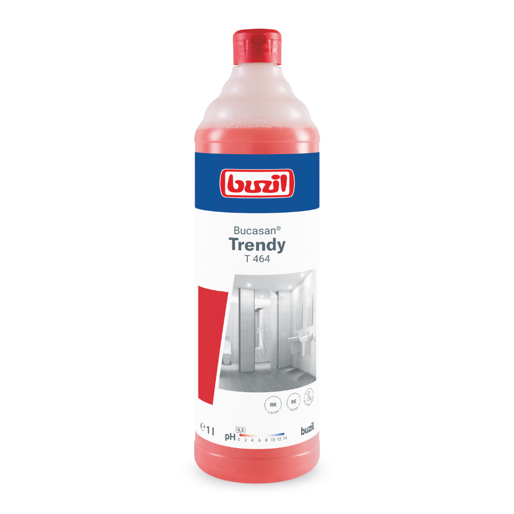 Eine 1-Liter-Flasche Buzil Bucasan® Trendy T 464 Sanitärunterhaltsreiniger duftintensiv im rot-weißen Design der BUZIL-WERK Wagner GmbH & Co. KG zeigt auf dem Etikett ein Badezimmermotiv und Anwendungssymbole. Sie verspricht streifenfreien Glanz und ist mit einer roten Kappe verschlossen, die eine wirksame Reinigungslösung enthält.