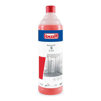 1 litran pullo Buzil Bucazid® S G 467 Saniteettipuhdistusainetta hajunpoistajalla, BUZIL-WERK Wagner GmbH & Co. KG:n punainen neste, on erityisesti suunniteltu kalkin poistoon ja etiketti näyttää tuotteen nimen sekä kuvan virheettömästä kylpyhuoneesta.