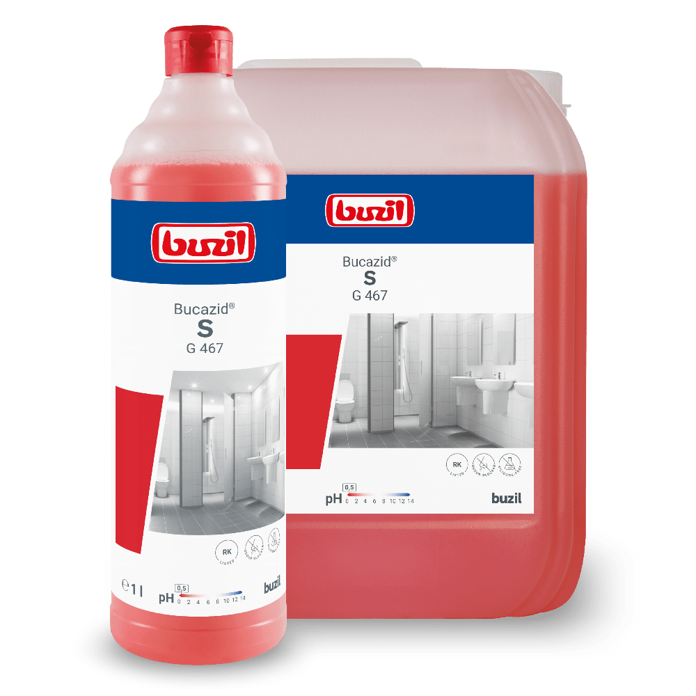 Punainen pullo ja suurempi punainen säiliö, molemmat BUZIL-WERK Wagner GmbH & Co. KG:n logolla ja 'Buzil Bucazid® S G 467 Saniteettipuhdistusaine hajunpoistajalla', näyttävät kuvia kylpyhuoneesta, jossa on WC ja pesuallas. Tämä tehokas puhdistusaine käyttää amidosulfoniinihappoa parannetun puhdistustehon saavuttamiseksi. Pullo sisältää 1 litran, kun taas säiliö on suurempi.