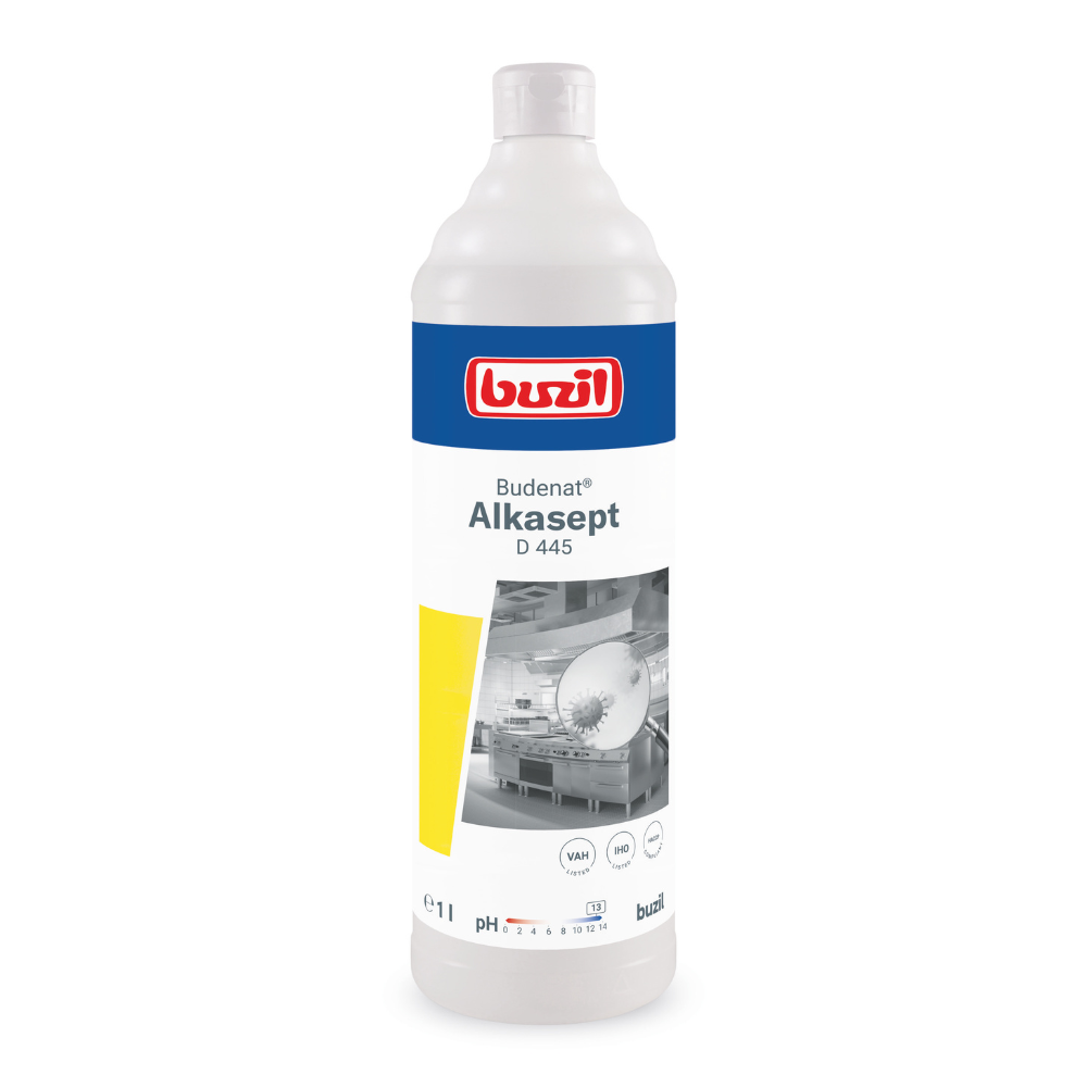Valkoinen pullo, jossa on merkintä "Buzil Budenat® Alkasept D 445 Korkea-alkalinen desinfiointiaine" BUZIL-WERK Wagner GmbH & Co. KG:lta, on varustettu sinipunaisella logolla. Se on suunniteltu emäksenkestäville pinnoille ja sisältää etiketissä mustavalkoisen konekuvan, merkinnän "1 litra" sekä pH- ja sertifiointisymbolit – ihanteellinen desinfiointipuhdistukseen elintarviketeollisuudessa.