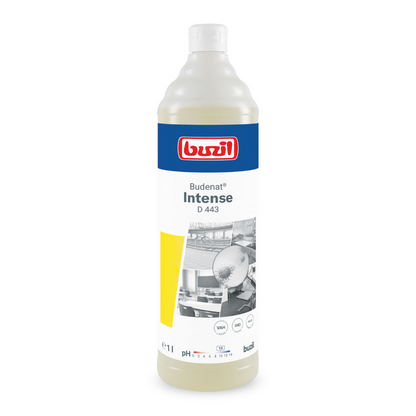 1 litran pullo Buzil Budenat® Intense D 443 Tehokas desinfiointiaine BUZIL-WERK Wagner GmbH & Co. KG:ltä on varustettu sinipunaisella brändäyksellä ja kuvilla, jotka edustavat puhtaita ympäristöjä. Se sisältää pH-tietoja ja käyttöohjeita, ja se on ihanteellinen HACCP-konseptin sovelluksiin, jotta varmistetaan bakterisidinen teho ammattimaisissa ympäristöissä.