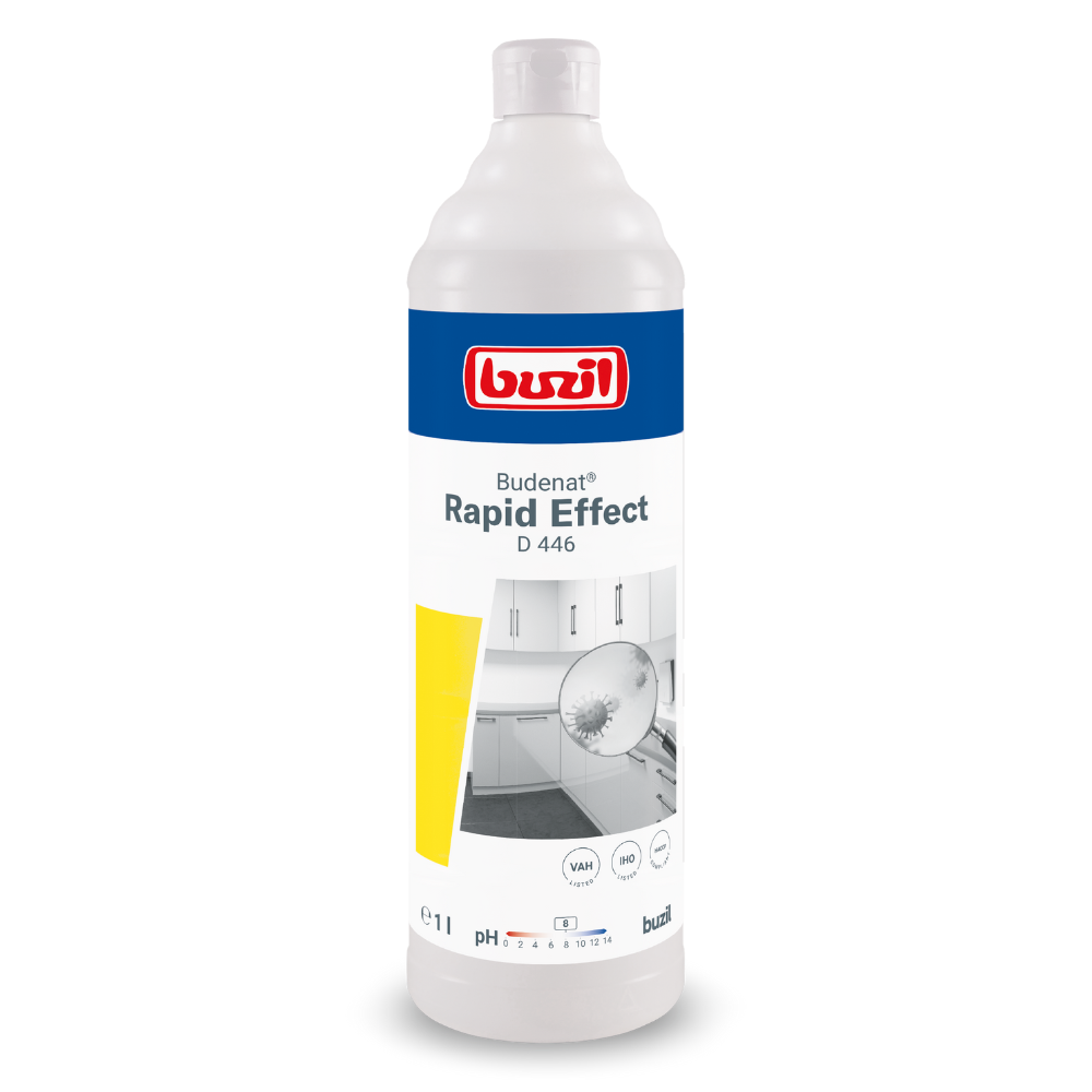 Eine 1-Liter-Flasche Buzil Budenat® Rapid Effect D 446 alkoholisches Schnelldesinfektionsmittel, gebrauchsfertig, gelistet bei VAH und IHO. Das Etikett zeigt ein Küchenbild sowie das Markenlogo der BUZIL-WERK Wagner GmbH & Co. KG und Produktdetails. Mit einem pH-Wert von 8 und Propan-2-ol enthält es verschiedene Sicherheitssymbole. Die weiße Flasche ist mit einem blau-gelben Design verziert.