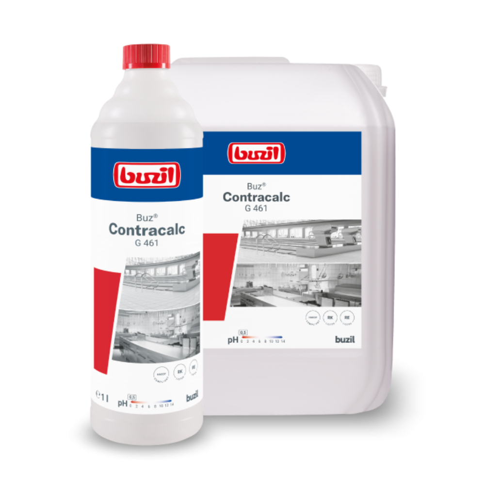 Kaksi säiliötä Buzil Buz® Contracalc G 461:stä, väritön peruspuhdistusaine ja kalkinpoistaja BUZIL-WERK Wagner GmbH & Co. KG:ltä. Etummainen säiliö on valkoinen pullo, jossa on punainen korkki, ja se sisältää kalkinpoistoliuosta, kun taas takimmainen säiliö on suurempi, läpinäkymätön kannu. Molemmissa on punaiset, siniset ja valkoiset etiketit yhteensopivilla grafiikoilla.