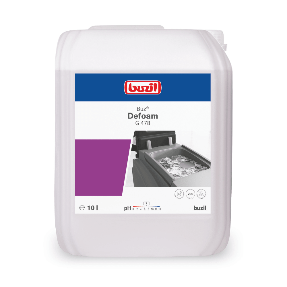 BUZIL-WERK Wagner GmbH & Co. KG:n valkoinen 10 litran säiliö, jossa on merkintä 'Buzil Buz® Defoam G 478 vaahdonestoaine koneille', näyttää kuvan vaahdosta koneessa ja korostaa pH-arvon ja tilavuuden lisäksi vaahdon vähentämisen ominaisuuksia puhdistuslaitteille.