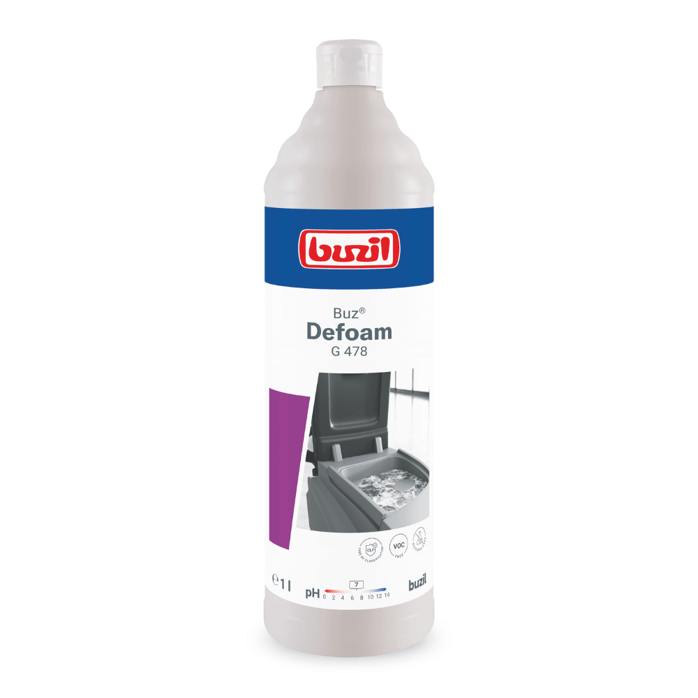 BUZIL-WERK Wagner GmbH & Co. KG:n valmistama Buzil Buz® Defoam G 478 vaahdonestoaineen pullo esitetään valkoisella etiketillä, jossa on sinipunainen tuotemerkki. Pullo on suunniteltu vaahdonestoa varten ja siinä on kuva vaahdosta käsiteltävällä pinnalla. 1 litran tilavuus tekee siitä ihanteellisen vaahdon vähentämiseen erilaisissa puhdistuskoneissa.