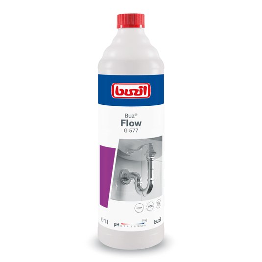 1 litran pullo Buzil Buz® Flow G 577 -nestemäistä putkien puhdistusainetta, valmistaja BUZIL-WERK Wagner GmbH & Co. KG. Etiketissä on kuvattu saniteettilaitteita ja tuotemerkki. Pääosin valkoista pulloa korostavat punaiset, siniset ja violetit yksityiskohdat, ja siinä on punainen korkki, jonka avulla viemäritukokset voidaan poistaa tehokkaasti.