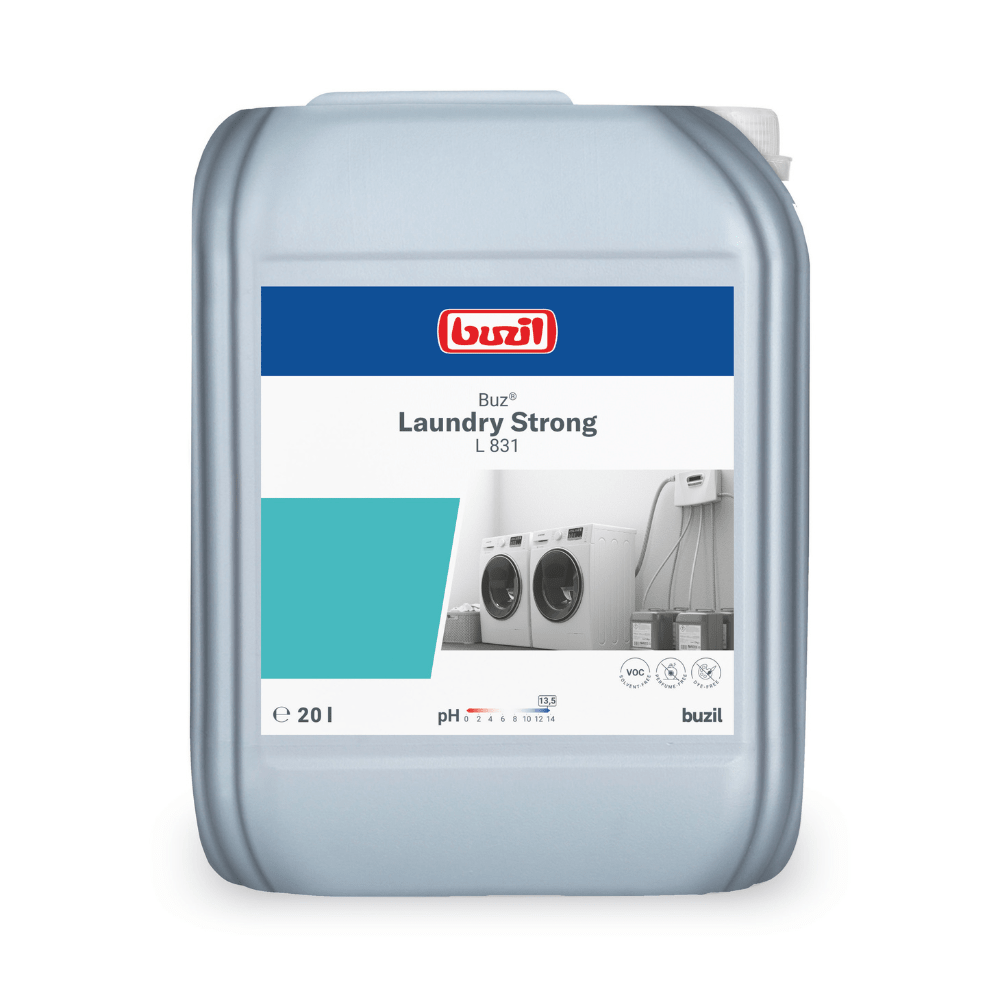 Buzil Buz® Laundry Strong L 831 nestemäisen pesutehonvahvistajan 20 litran säiliö BUZIL-WERK Wagner GmbH & Co. KG:ltä on varustettu pesukonekuvioisella etiketillä ja korostaa sen poikkeuksellista puhdistuskykyä. Etiketti etupuolella sisältää Buzil-logon lisäksi tietoja pH-arvosta ja takaa siten voimakkaan puhdistuksen jokaisella käyttökerralla.