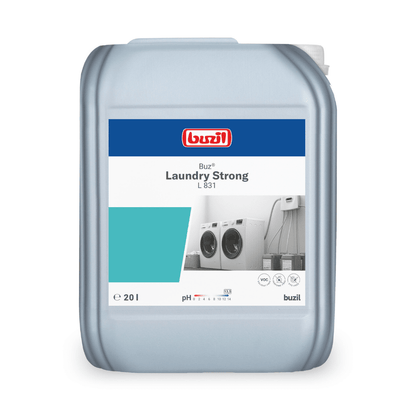 Buzil Buz® Laundry Strong L 831 nestemäisen pesutehonvahvistajan 20 litran säiliö BUZIL-WERK Wagner GmbH & Co. KG:ltä on varustettu pesukonekuvioisella etiketillä ja korostaa sen poikkeuksellista puhdistuskykyä. Etiketti etupuolella sisältää Buzil-logon lisäksi tietoja pH-arvosta ja takaa siten voimakkaan puhdistuksen jokaisella käyttökerralla.