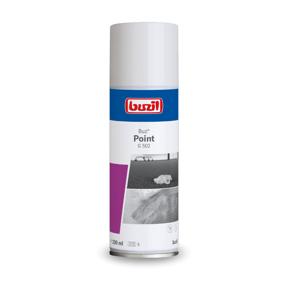 Pullo Buzil Buz® Point G 502 -tahranpoistoainetta BUZIL-WERK Wagner GmbH & Co. KG:ltä, ihanteellinen tekstiilipinnoille ja -pintoihin. 200 ml:n pullossa on valkoinen etiketti, jossa on punasininen brändäys, koristeltu kuvalla pöydästä liinalla, joka poistaa tehokkaasti veteen liukenemattoman lian.