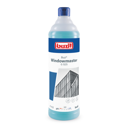 Yksi pullo Buzil Buz® Windowmaster G 525 lasi- ja ikkunanpuhdistuskonsentraattia BUZIL-WERK Wagner GmbH & Co. KG:ltä sinisellä korkilla ja etiketillä, jossa on kuva rakennuksesta lasi-ikkunoineen. Pullo lupaa raidatonta puhdistusta ja on merkitty 1 litran tilavuudella ja pH-tiedoilla optimaalisen suorituskyvyn takaamiseksi.