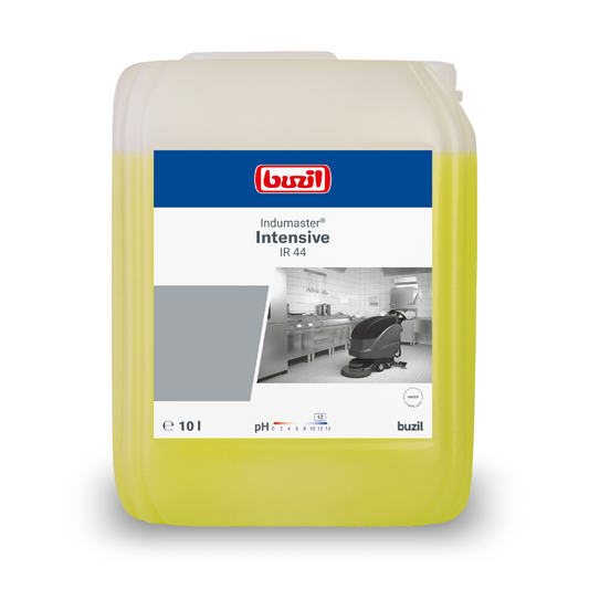 Ein weiß-blauer 10-Liter-Kanister der BUZIL-WERK Wagner GmbH & Co. KG mit der Aufschrift „Buzil Indumaster® Intensive IR 44 Phosphatfreier Küchen-Industriereiniger“ zeigt das Bild einer Reinigungsmaschine in einer industriellen Umgebung sowie Angaben zum pH-Wert. Er ist perfekt für professionelle Küchen.