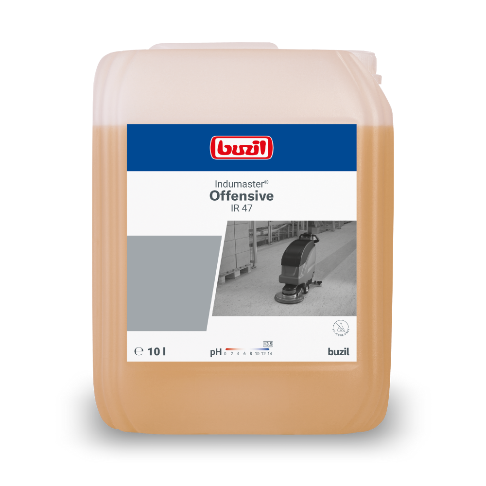 10 litran säiliö Buzil Indumaster® Offensive IR 47 korkealuokkaista teollisuuden intensiivipuhdistusainetta BUZIL-WERK Wagner GmbH & Co. KG:ltä sisältää yksityiskohtaiset tuoteinformaatio ja pienen kuvan lattianpuhdistuskoneesta etiketissä. Tämä korkealuokkainen teollisuuspuhdistusaine toimitetaan suorakulmaisessa säiliössä, jossa on kätevä kantokahva yläosassa.