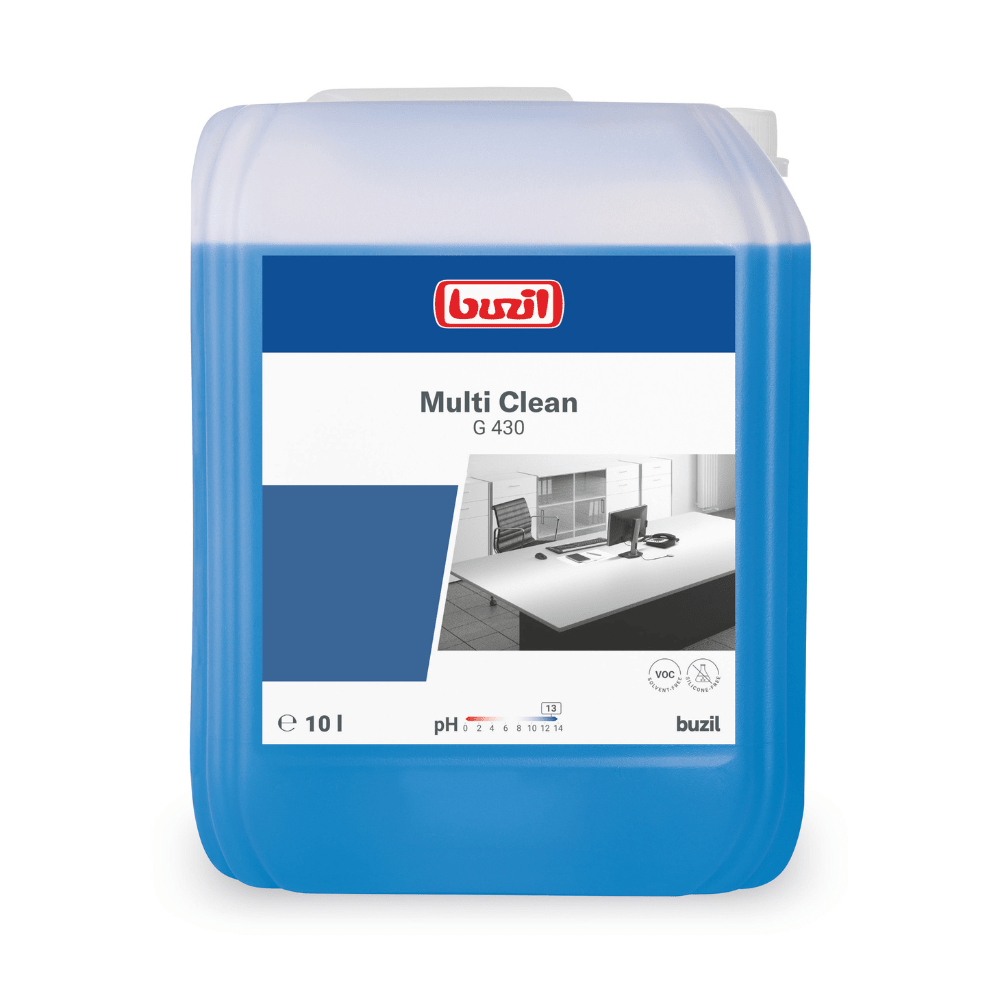 Sinisessä muovisäiliössä, jossa on valko-sininen etiketti, on kuvattu BUZIL-WERK Wagner GmbH & Co. KG:n valmistama ”Buzil Multi Clean G 430 Alkalinen tehokas yleispuhdistusaine”. Kuva kiiltävästä toimistopöydästä korostaa tuotteen tehokkuutta voimakkaana puhdistusaineena. Säiliön tilavuus on 10 litraa, joten se sopii erinomaisesti vaikeiden likaantumien poistamiseen erilaisilta pinnoilta.
