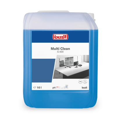 Sinisessä muovisäiliössä, jossa on valko-sininen etiketti, on kuvattu BUZIL-WERK Wagner GmbH & Co. KG:n valmistama ”Buzil Multi Clean G 430 Alkalinen tehokas yleispuhdistusaine”. Kuva kiiltävästä toimistopöydästä korostaa tuotteen tehokkuutta voimakkaana puhdistusaineena. Säiliön tilavuus on 10 litraa, joten se sopii erinomaisesti vaikeiden likaantumien poistamiseen erilaisilta pinnoilta.