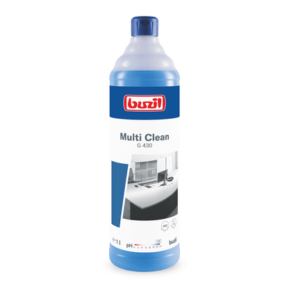Kuvassa on sininen pullo Buzil Multi Clean G 430 -alkalista tehokasta yleispuhdistusainetta, jonka etiketissä on punainen merkki ja mustavalkoinen kuva tahrattomasta huoneesta. Tämä BUZIL-WERK Wagner GmbH & Co. KG:n valmistama tuote on suunniteltu tehopuhdistusaineeksi, joka poistaa tehokkaasti sitkeät likatahrat alkalinkestäviltä pinnoilta. Pullon mukana toimitetaan sopiva sininen korkki.