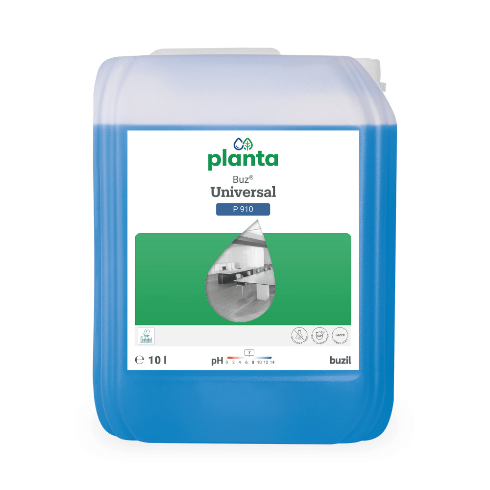 10 litran säiliö sinistä nestettä, brändätty nimellä ”Buzil Planta Buz® Universal P 910 Ekologinen yleispuhdistusaine”, välittää puhtaan keittiökuvan ja korostaa sen pH-neutraalia kaavaa, joka on 7. Brändinimi BUZIL-WERK Wagner GmbH & Co. KG on kuvattu alhaalla. Tämä monikäyttöinen puhdistusaine on EU-ympäristömerkillä sertifioitu.