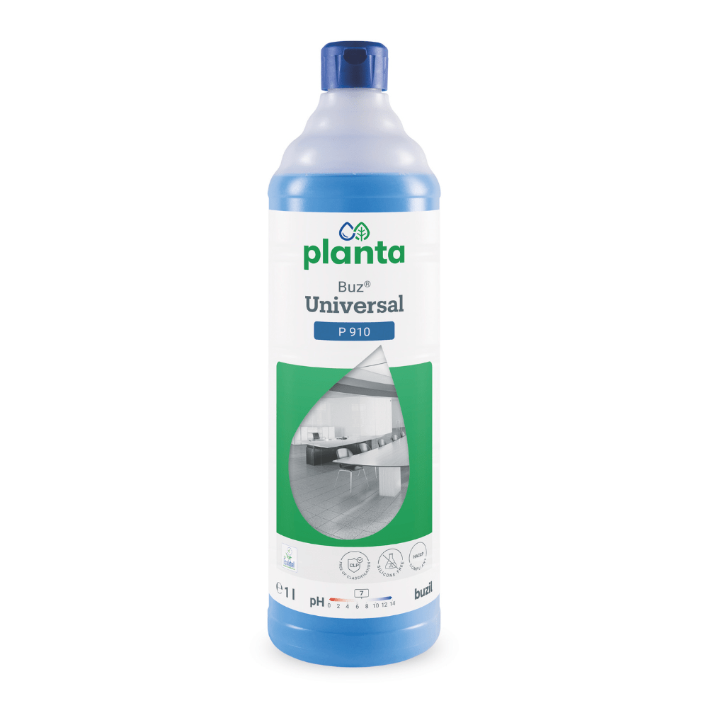 1 litran pullo Buzil Planta Buz® Universal P 910 Ekologinen yleispuhdistusaine BUZIL-WERK Wagner GmbH & Co. KG:ltä, jossa on sininen korkki ja etiketti, joka sisältää tuotetietoja kuten pH-indikaattorin, EU-ympäristömerkin ja huonekuvan.