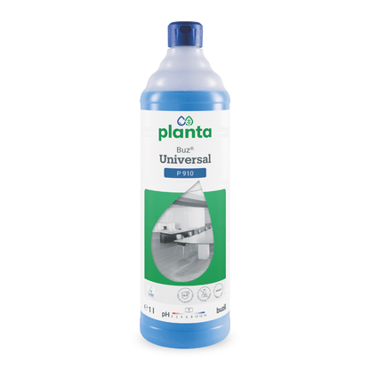 1 litran pullo Buzil Planta Buz® Universal P 910 Ekologinen yleispuhdistusaine BUZIL-WERK Wagner GmbH & Co. KG:ltä, jossa on sininen korkki ja etiketti, joka sisältää tuotetietoja kuten pH-indikaattorin, EU-ympäristömerkin ja huonekuvan.