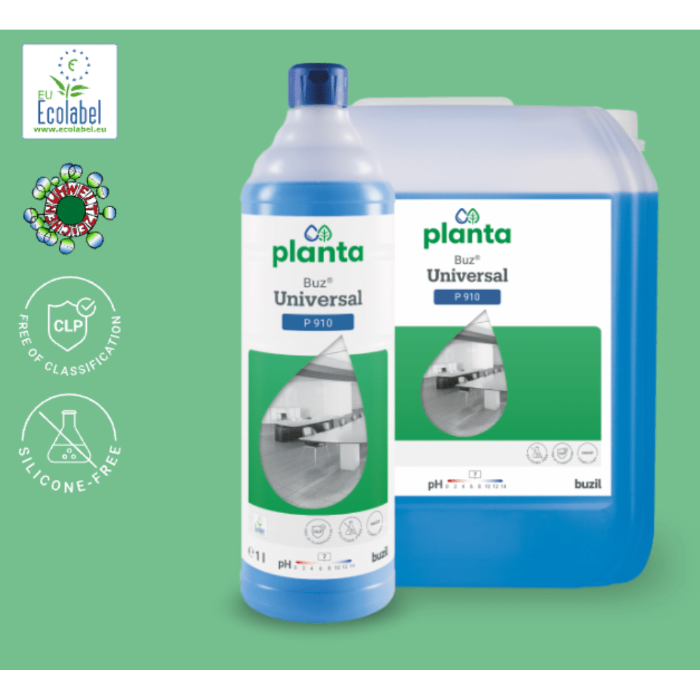 Kuvassa on vihreää taustaa vasten kaksi puhdistusainepakkausta: pullo ja suurempi pakkaus BUZIL-WERK Wagner GmbH & Co. KG:n Ekologisella yleispuhdistusaineella Buzil Planta Buz® Universal P 910. Etiketeissä korostetaan ominaisuuksia kuten ”EU Ecolabel”, ”silikoniton” ja ”pH-neutraali”. Yleispuhdistusaine on merkitty ekologiseksi tuotteeksi.