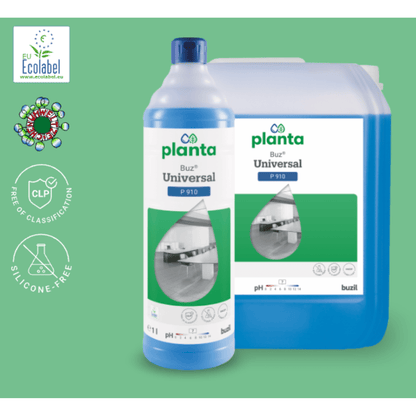 Kuvassa on vihreää taustaa vasten kaksi puhdistusainepakkausta: pullo ja suurempi pakkaus BUZIL-WERK Wagner GmbH & Co. KG:n Ekologisella yleispuhdistusaineella Buzil Planta Buz® Universal P 910. Etiketeissä korostetaan ominaisuuksia kuten ”EU Ecolabel”, ”silikoniton” ja ”pH-neutraali”. Yleispuhdistusaine on merkitty ekologiseksi tuotteeksi.