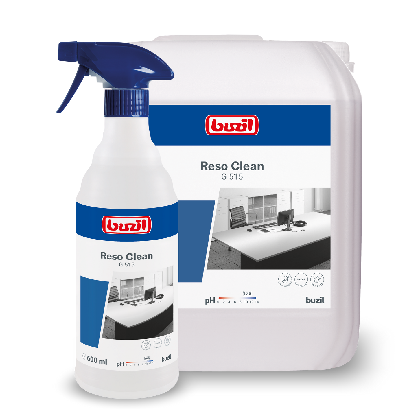 Kaksi säiliötä Buzil Reso Clean G 515 käyttövalmista suihkupuhdistusainetta BUZIL-WERK Wagner GmbH & Co. KG:ltä näytetään ja korostetaan niiden voimakasta puhtautta. Pienempi on suihkepullo ja suurempi on täyttösäiliö. Molemmissa on siniset etiketit, joissa on tuotetiedot ja brändäys raikkaan kiillon saavuttamiseksi.