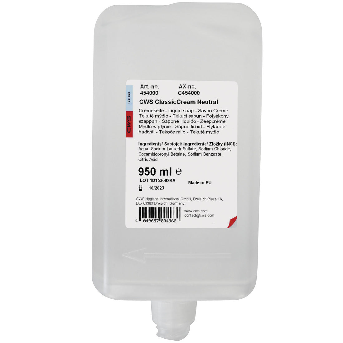 CWS-saippuavoide 950 ml CWS:ltä on täyttöpussi pohjakaadolla. Etiketti etupuolella tarjoaa tuoteinformaatioita, ohjeita ja ainesosia useilla kielillä miellyttävän ihotunteen saavuttamiseksi.