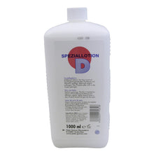 Eine weiße 1000 ml CWS Waschlotion chloridfrei Flasche steht aufrecht. Das Etikett auf der Vorderseite zeigt einen roten Kreis mit einem blauen "D" und enthält einen deutschen, englischen und französischen Text zur hygienischen Handreinigung.