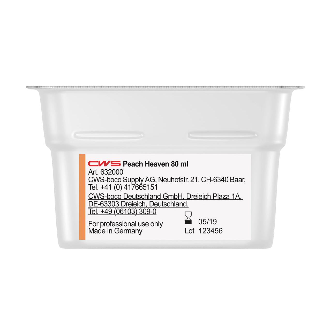 Lähikuva valkoisesta CWS ParadiseLine pesuhuonetuoksuastiasta annostelijalle Paradise Air Bar, jossa on tuotetiedot, yritystiedot, "Made in Germany" ja läpinäkyvä kansi. Sopii pesuhuoneiden tuoksujärjestelmiin.