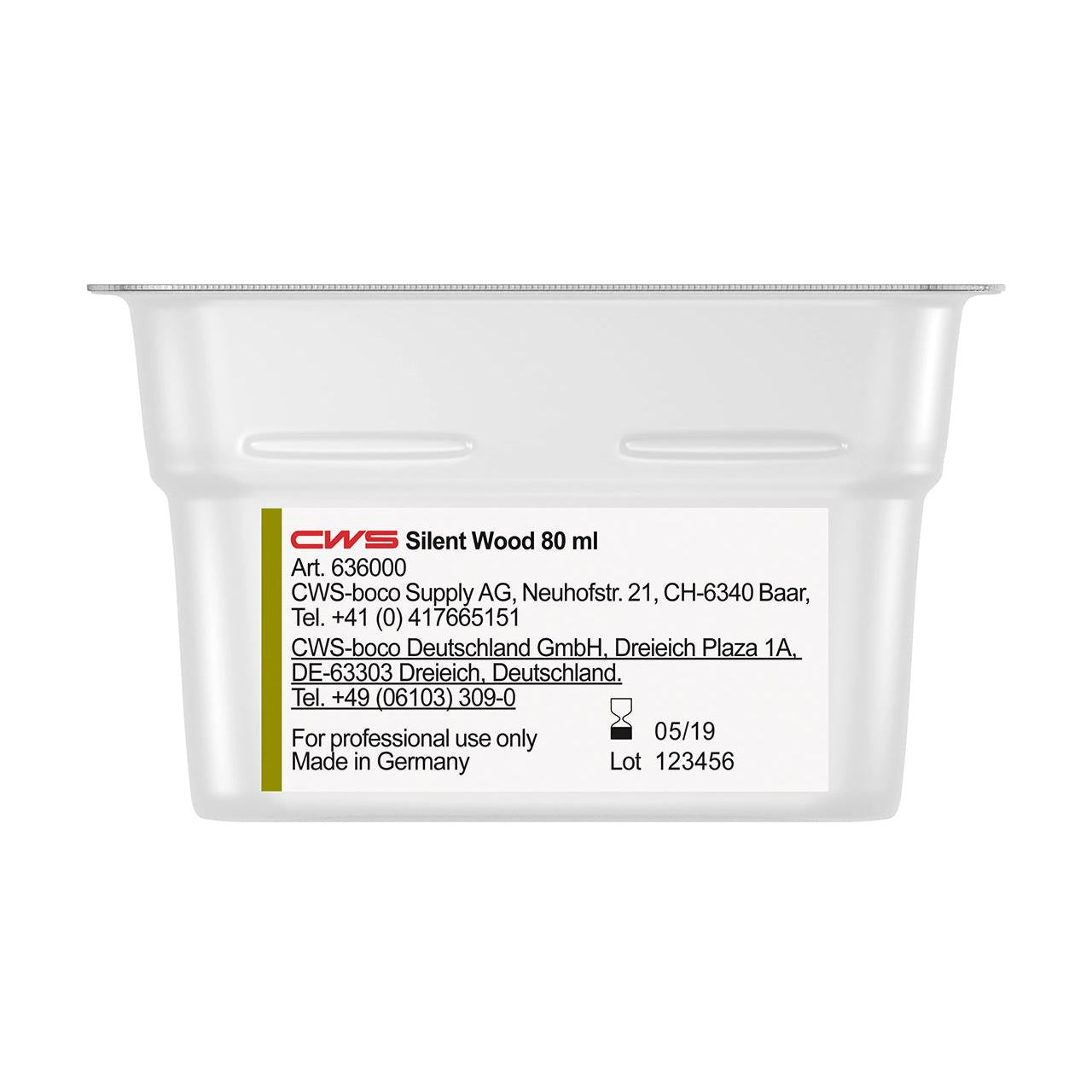 Lähikuva CWS ParadiseLine pesuhuonetuoksu annostelijalle Paradise Air Bar-astiasta, jossa on valmistajatiedot, yhteystiedot, eränumero ja viimeinen käyttöpäivä etiketissä. Vain ammattikäyttöön.