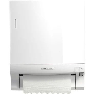 CWS:n paperirullakäsipyyheannostelijan etupaneeli on valkoinen, seinään kiinnitettävä laite, jossa on näkyvä paperirullakäsipyyhe ja sileä, suorakulmainen muotoilu - ihanteellinen pesutilojen optimointiin.