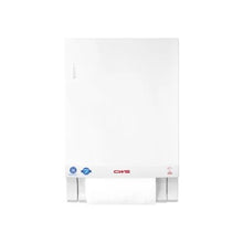 Das CWS Frontpanel für Stoffhandtuchspender Dry Slim ist eine weiße, wandmontierte Abdeckung mit schlichtem Design und blau/roten Symbolen, die sich ideal zur Aktualisierung Ihres CWS Dry Slim Stoffhandtuchspenders eignet.