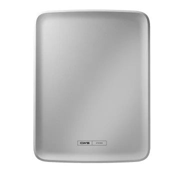 Suorakulmainen, hopeanvärinen CWS PureLine -etupaneeli Paperroll NT Hybrid -annostelijalle, joka on valmistettu kestävästä metallista, hieman korotetuilla reunoilla ja pienellä logolla toisella puolella, kuvattu valkoista taustaa vasten.