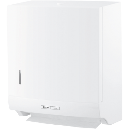 Der CWS ParadiseLine Faltpapierhandtuchspender Paper Slim, weiß, mit Druckknopf überzeugt durch sein schlankes, rechteckiges Design. Das CWS-Logo ist vorne sichtbar und ein Papierblatt ragt unten für hygienische Bedienung heraus.