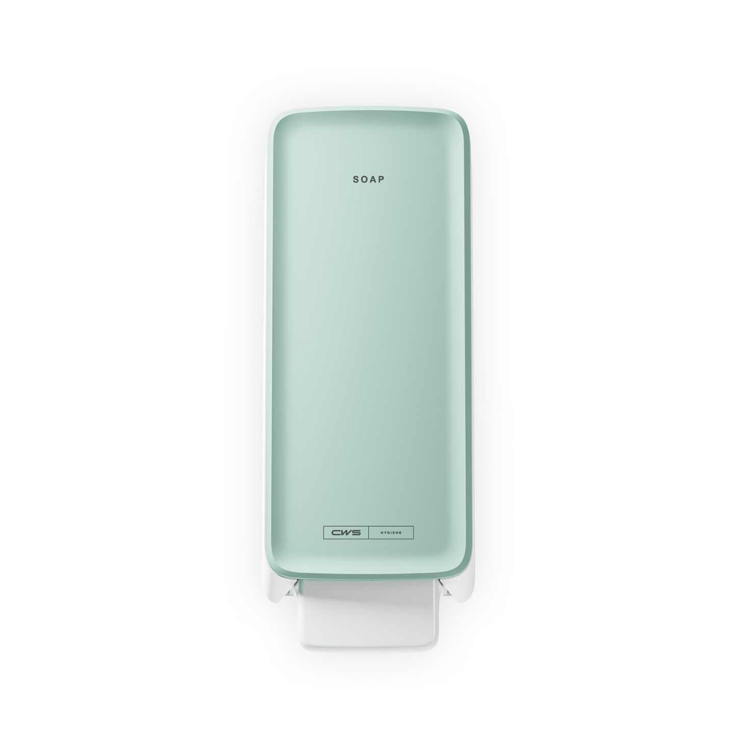 Mintunvihreä CWS PureLine Cream saippua-annostelija CWS:ltä, jossa on "SOAP"-teksti ylhäällä ja valkoinen painike, esitetty ylhäältä valkoisella taustalla - ihanteellinen mihin tahansa saniteettitilaan.
