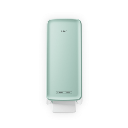 Der CWS PureLine Foam Seifenspender ist ein wandmontierter, rechteckiger Spender in Hellgrün mit dem Schriftzug SOAP" auf der Vorderseite, einem weißen Druckhebel darunter und dem CWS Branding in der Nähe des Sockels - ideal für jeden Waschraum.