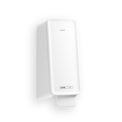CWS:n CWS PureLine Cream saippua-annostelija on valkoinen, suorakaiteen muotoinen seinäsaippua-annostelija, jossa on "SOAP"-teksti ylhäällä ja painike alhaalla, ihanteellinen mihin tahansa saniteettitilaan ja yksinkertaisen valkoisen taustan edessä.