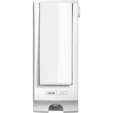 CWS Frontpanel Paradise Seatcleanerille on valkoinen, suorakulmainen, seinälle asennettava annostelija, jossa on painokahva ja pieni annosteluaukko, ja se on kehitetty wc-hygieniaan ja se on ihanteellinen käytettäväksi Paradise Seatcleaner -tuotteiden kanssa.