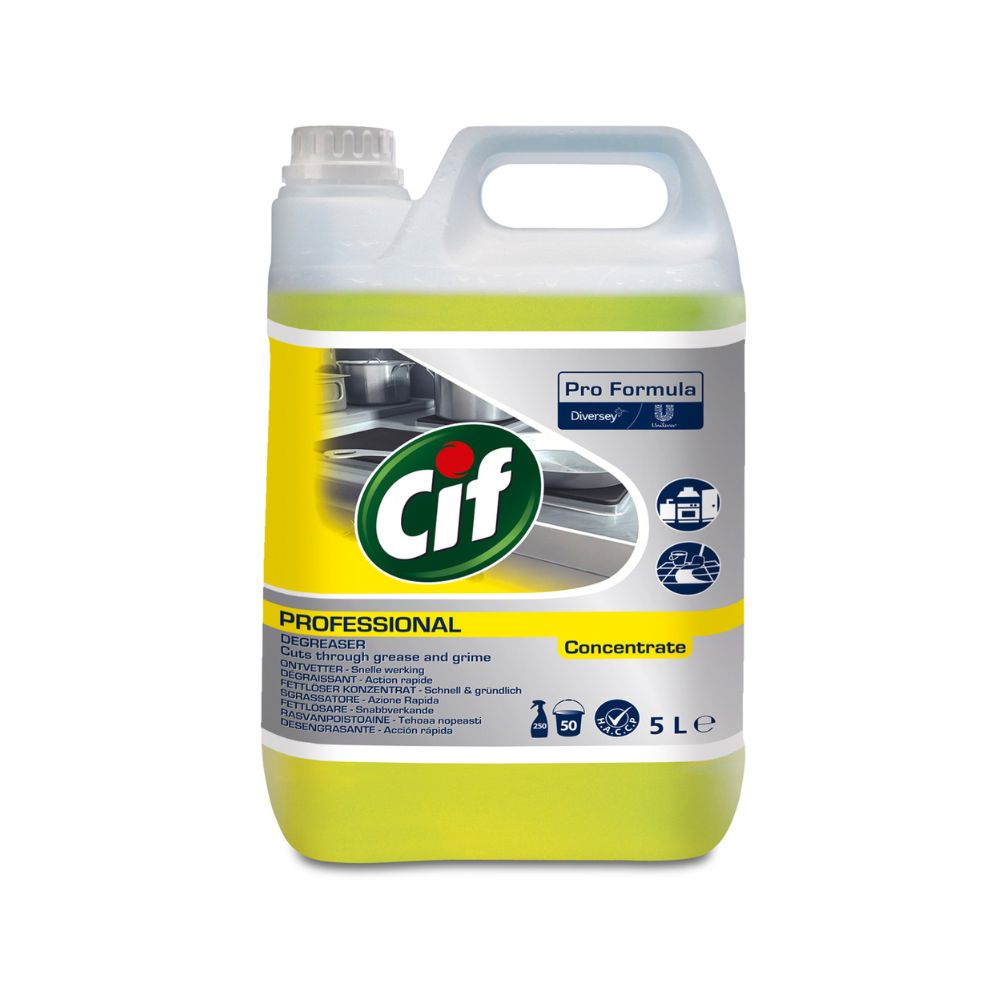 Der 5-Liter-Cif Professional Allzweckreiniger Zitrus von Diversey Deutschland GmbH & Co. OHG verfügt über ein farbenfrohes Etikett mit dem ikonischen Cif-Logo sowie Bildern einer Küchenspüle und eines Topfes. Seine konzentrierte Formel reinigt effizient Fett und Schmutz auf allen wasserfesten Oberflächen und verströmt einen frischen Zitrusduft.