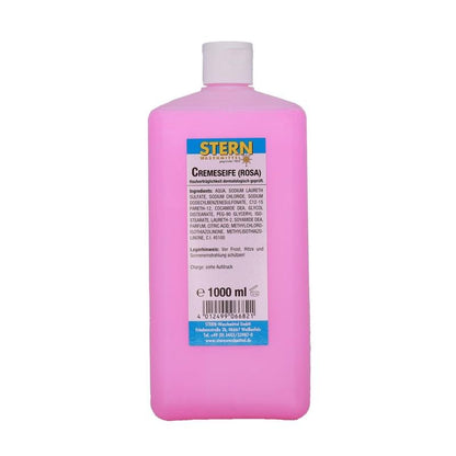 Die rosafarbene 1.000-ml-Flasche der STERN Cremeseife rosa der Stern Waschmittel GmbH hat einen weißen Verschluss und ein deutsches Etikett mit Pflegehinweisen, Inhaltsstoffen, Anwendung und Herstellerangaben. Als Seife für alle Hauttypen geeignet.