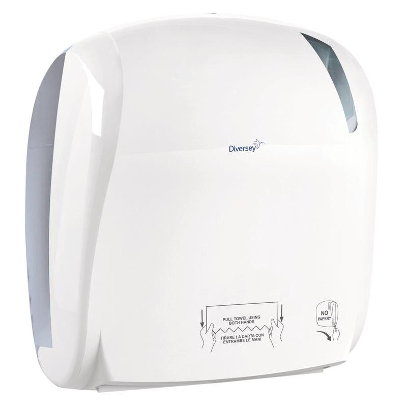 Valkoinen muovinen pyyherullajakelija - autocut Diversey Deutschland GmbH & Co. OHG:lta tarjoaa hygieenisen paperin annostelun, puoliläpinäkyvän katselualueen ja selkeät ohjeet etuosassa paperin ottamista varten (371x330x221 mm).