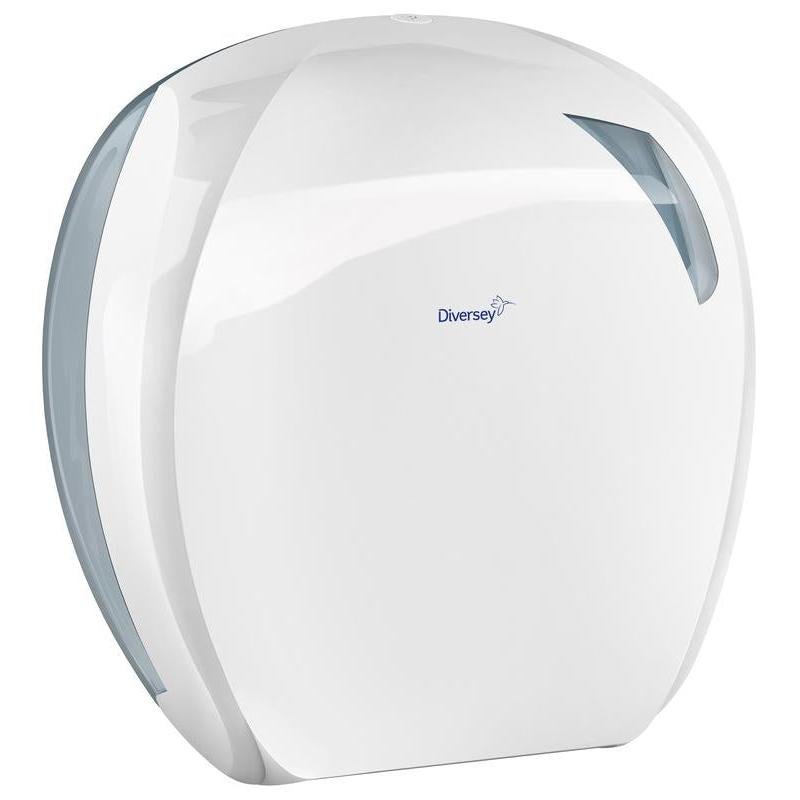 Diversey Deutschlandin Maxi Jumbo WC-paperiteline (valkoinen/läpinäkyvä, muovia, 355x348x136 mm) on moderni seinäannostelija Maxi Jumbo WC-paperirullille - käytännöllinen ja ikkunallinen, ihanteellinen jokaiseen WC:hen.