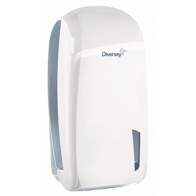 Diversey-yksittäisarkkivessapaperipidike valkoisesta/läpinäkyvästä muovista (328 x 165 x 135 mm) yksittäisille arkeille on varustettu katseluikkunalla ja varmistaa hygieenisesti vessapaperin julkisissa saniteettitiloissa. Sopii paperille 7523655.