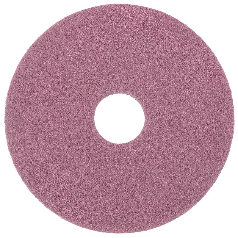 Diversey Deutschland GmbH & Co. OHG:n Diversey Twister Pad Pink vinyylilattioille on pyöreä, vaaleanpunainen puhdistustyyny, jossa on karkea pinta ja keskireikä, kuvattuna valkoisella taustalla - ihanteellinen vinyylilattioiden puhdistukseen.