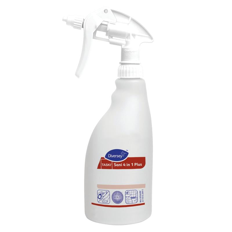 Valkoinen 500 ml:n Triggerspray-pullo "Sani 4 in 1 Plus" Diversey Deutschland GmbH & Co. OHG:lta, jossa on vaahtosuutin, sininen ja punainen muotoilu, puhdistus- ja desinfiointisymbolit, ja se on saatavana täyttöpullona (1 kappale).