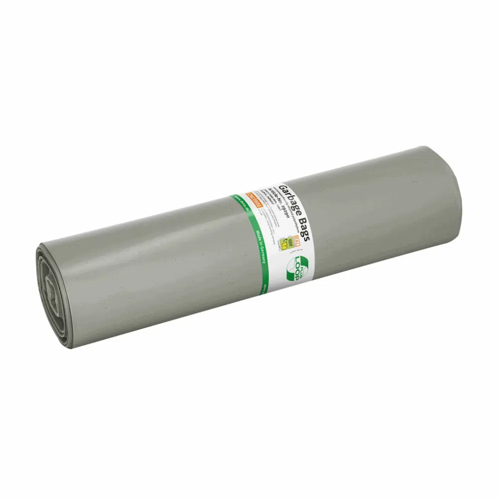 DEISS LOOP PLUS -roskapussit 29290, 120 litran harmaa muovikalvo merkiltä EMIL DEISS KG (GmbH + Co.), on varustettu teksteillä ja symboleilla, joissa on huomiota herättäviä vihreitä ja mustia merkintöjä. Sylinterimäinen kalvo on valmistettu kierrätetystä materiaalista ja noudattaa kiertotalouden periaatteita, joten se on monikäyttöinen.