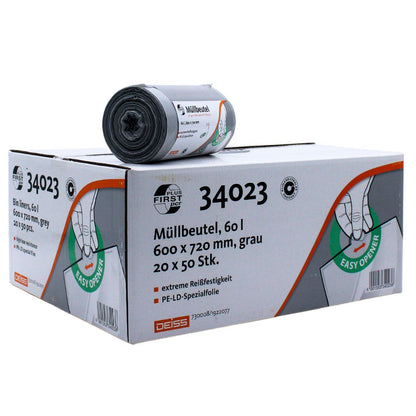 DEISS First Plus Pcr -roskapussit 60 litraa (34042) EMIL DEISS KG (GmbH + Co.) ovat harmaita LDPE-rullia, joiden tilavuus on 60 litraa ja mitat 600 x 720 mm. Jokainen laatikko sisältää 20 pakettia, joissa kussakin on 50 pussia. Ilmastoneutraali pakkaus on varustettu "Easy Opener" -suunnittelulla ja sille on ominaista äärimmäinen repeytymiskestävyys.