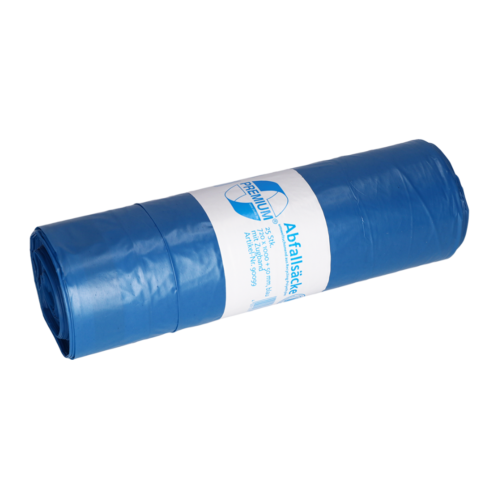 Ein aufgerollter DEISS PREMIUM® Typ 80 roskapussi, jossa on kiristysnauha, valmistajalta EMIL DEISS KG (GmbH + Co.), kierrätysmateriaalista, varustettuna valkoisella etiketillä, jossa on tekstiä ja grafiikkaa, joka korostaa sen vaikuttavaa lävistys- ja repeämiskestävyyttä.