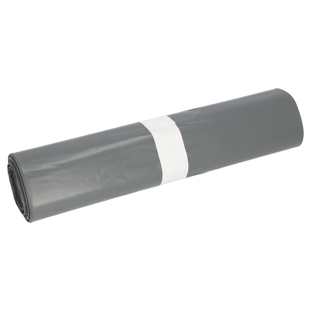 Rullattu harmaa DEISS Premium® Tyyppi 60 -roskapussi, valmistettu korkealaatuisesta kierrätysmateriaalista EMIL DEISS KG (GmbH + Co.), on kiinnitetty valkoisella raidalla. Tausta on yksivalkoinen.