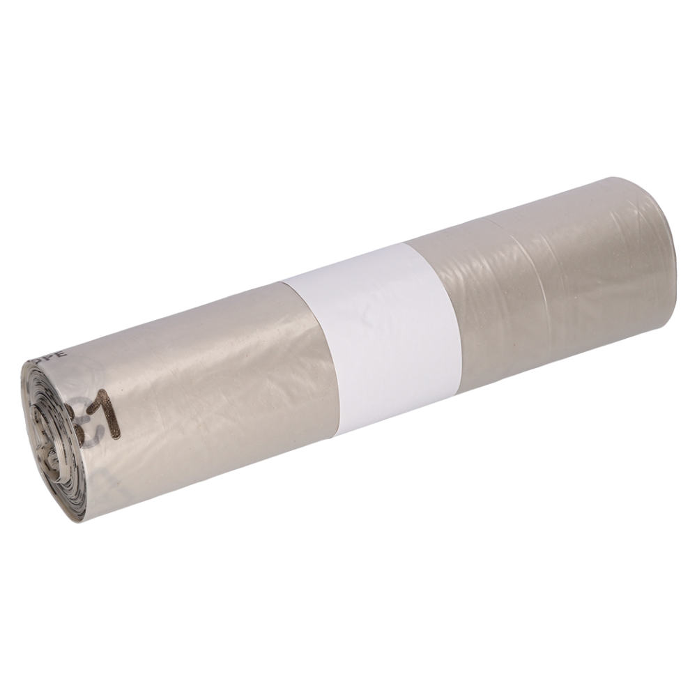 Yksi rullattu sarja läpinäkyviä DEISS 29720 roskapusseja EMIL DEISS KG (GmbH + Co.) -yritykseltä, kääritty valkoiseen hihnaan, ihanteellinen tehokkaaseen jätehuoltoon.