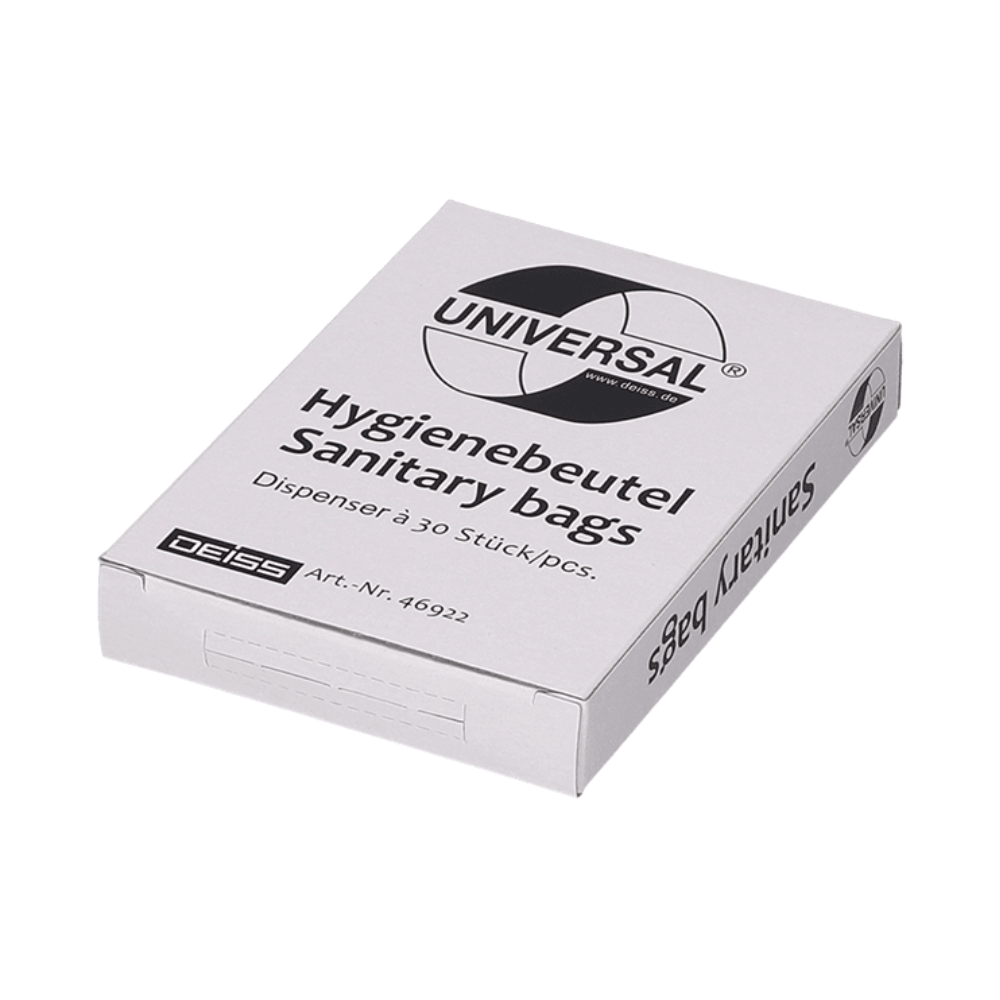 Valkoisessa EMIL DEISS KG (GmbH + Co.) -laatikossa, jossa tuotemerkin logo on näkyvästi esillä, on 30 yleiskäyttöistä HDPE-hygieniapussia, tuote 46922, ja se korostaa tuotemerkin sitoutumista naisten hygienian perusvarustukseen.